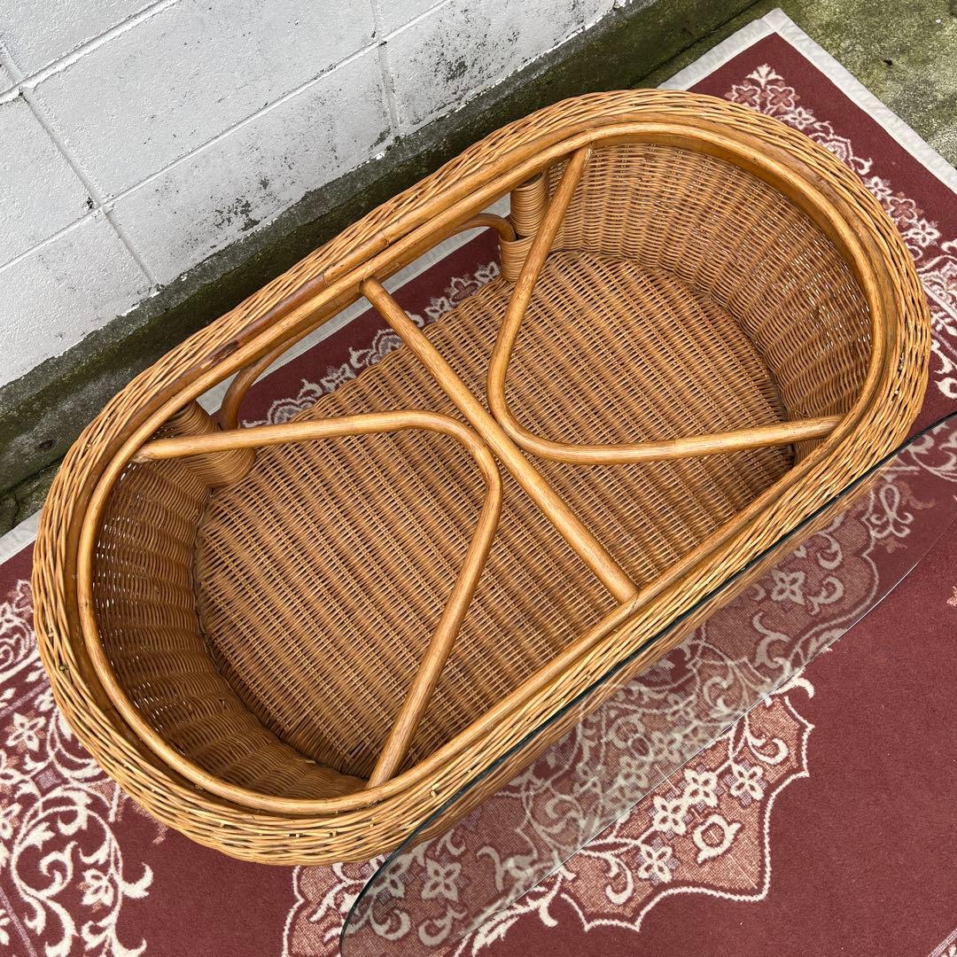 ナチュラル天然素材◾️ガラス天板×籐ラタンフレーム センターテーブル 籐家具