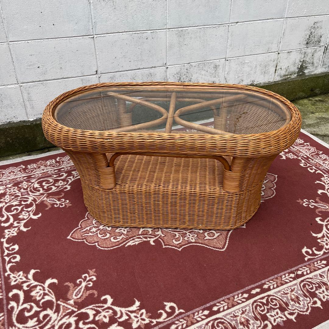 ナチュラル天然素材◾️ガラス天板×籐ラタンフレーム センターテーブル 籐家具