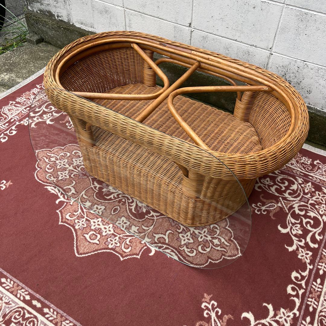 ナチュラル天然素材◾️ガラス天板×籐ラタンフレーム センターテーブル 籐家具