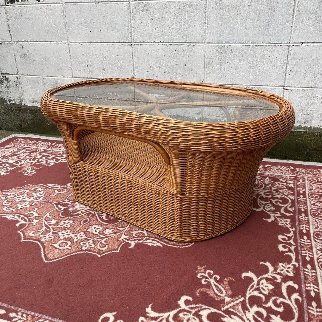 ナチュラル天然素材◾️ガラス天板×籐ラタンフレーム センターテーブル 籐家具