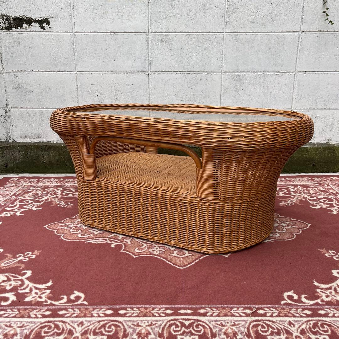 ナチュラル天然素材◾️ガラス天板×籐ラタンフレーム センターテーブル 籐家具