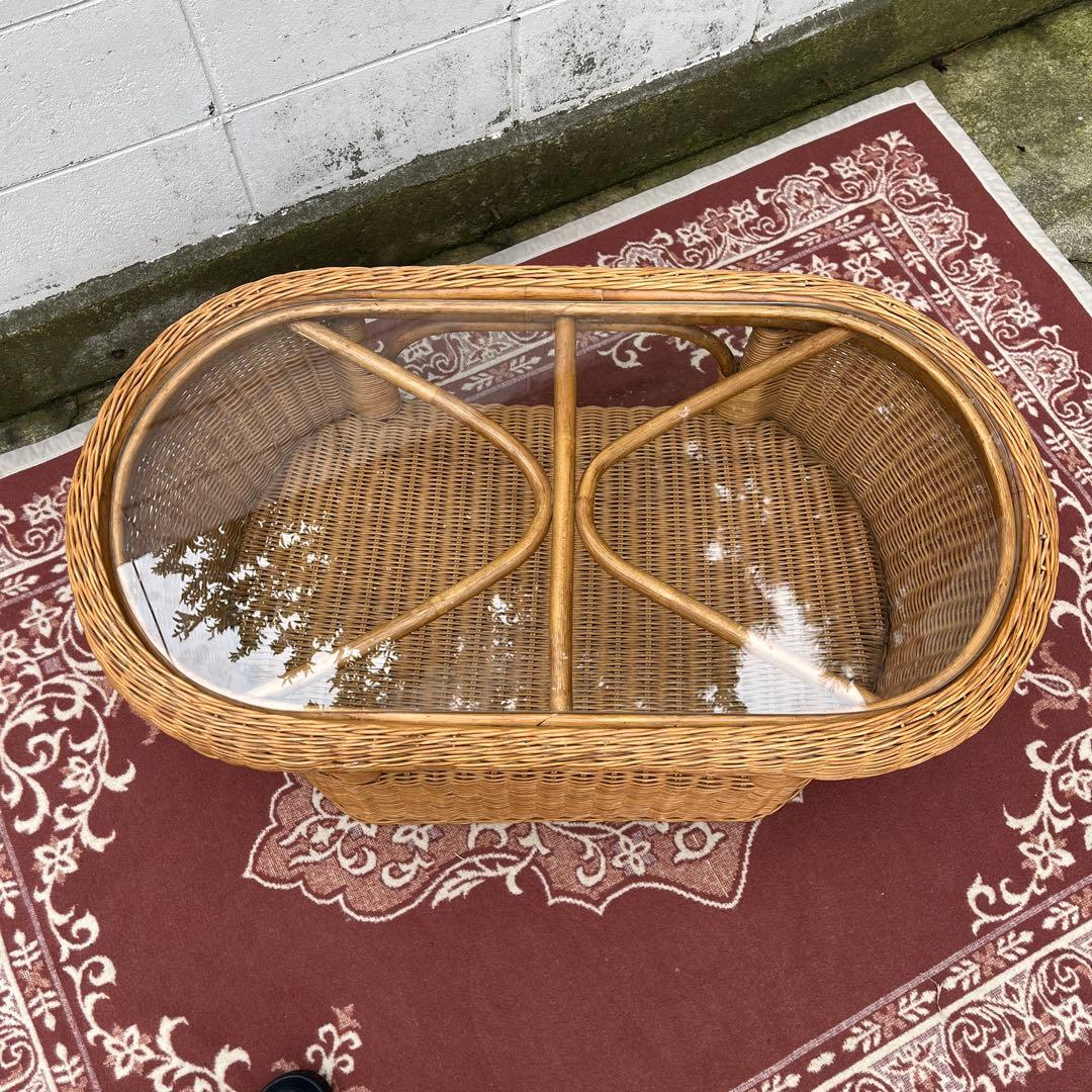 ナチュラル天然素材◾️ガラス天板×籐ラタンフレーム センターテーブル 籐家具