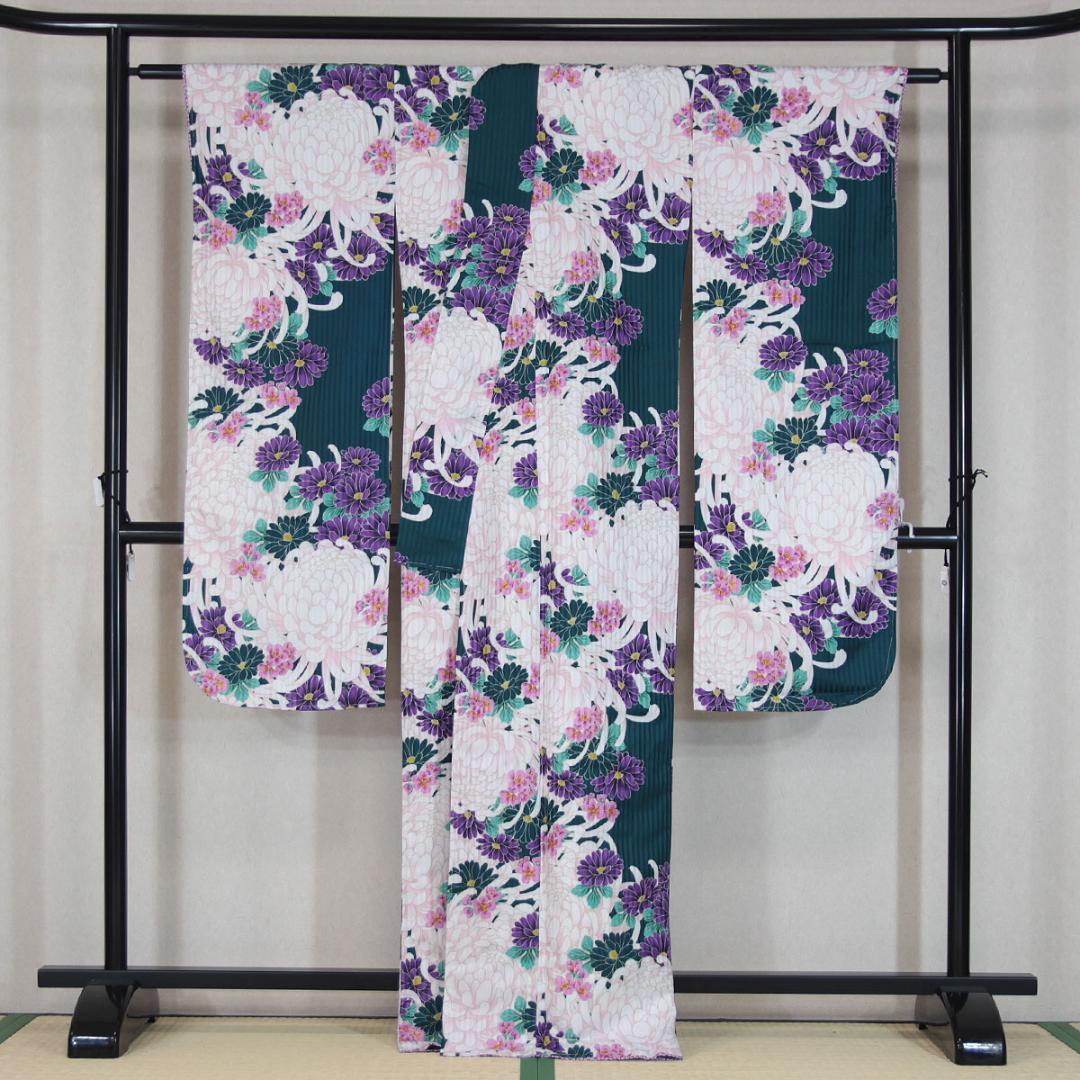 躾糸付未使用　165cm　LLサイズ　黒緑　乱菊　振袖　袴　卒業式　u351