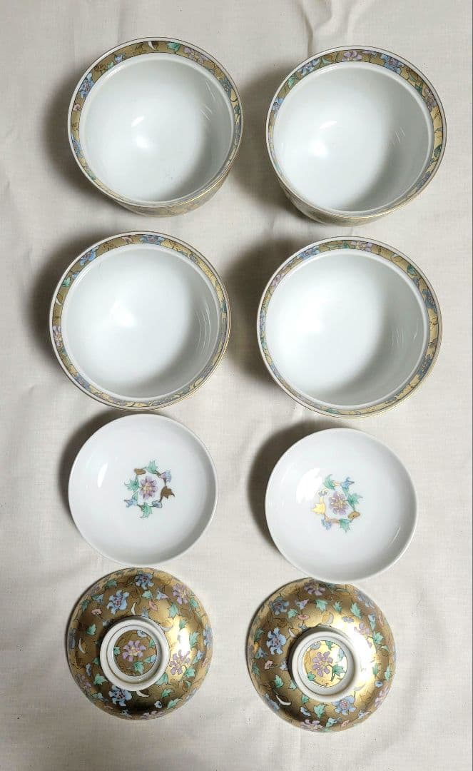 前畑陶器 庫山窯　牡丹唐草色絵金襴 蓋付き御椀揃 4客セット
