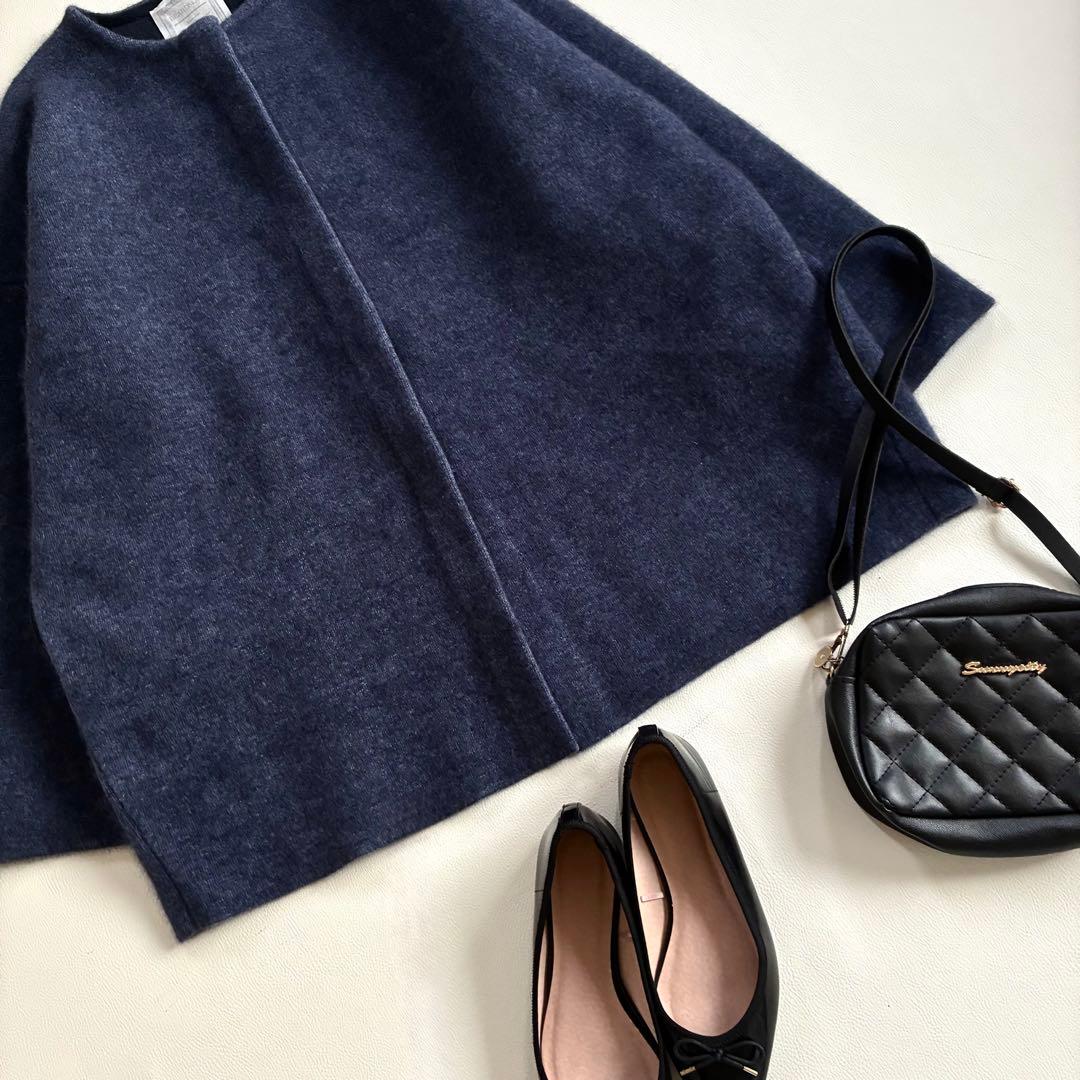 ◆未使用級◆ビアズリー◆洗えるノーカラーウールニットコート◆ネイビー◆ラクーン