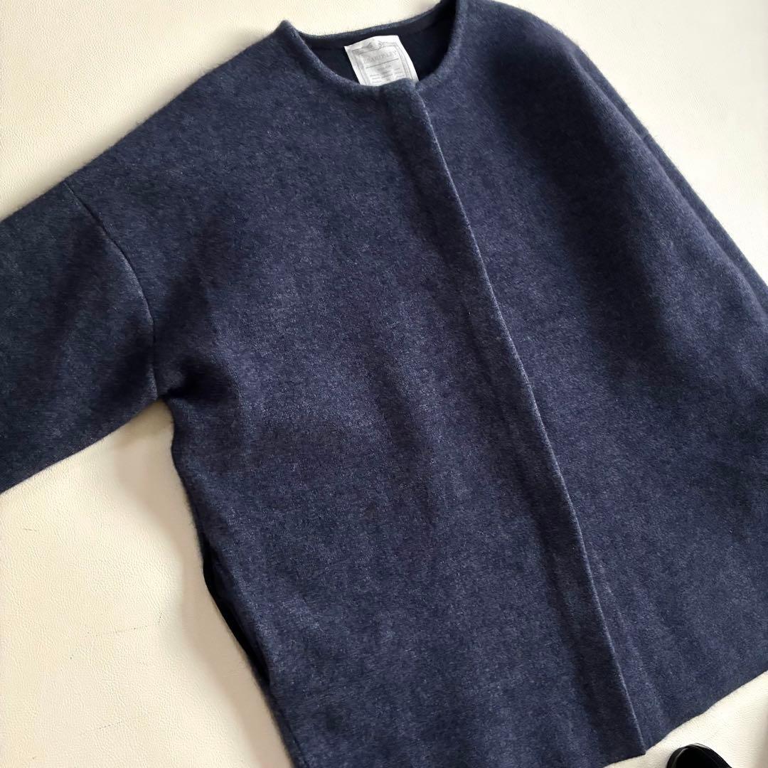 ◆未使用級◆ビアズリー◆洗えるノーカラーウールニットコート◆ネイビー◆ラクーン