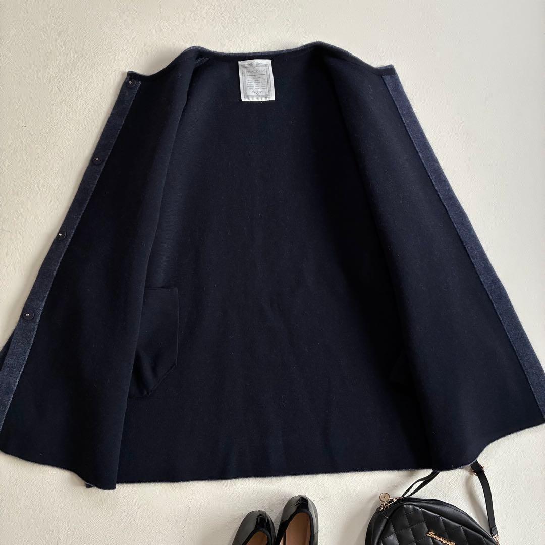 ◆未使用級◆ビアズリー◆洗えるノーカラーウールニットコート◆ネイビー◆ラクーン