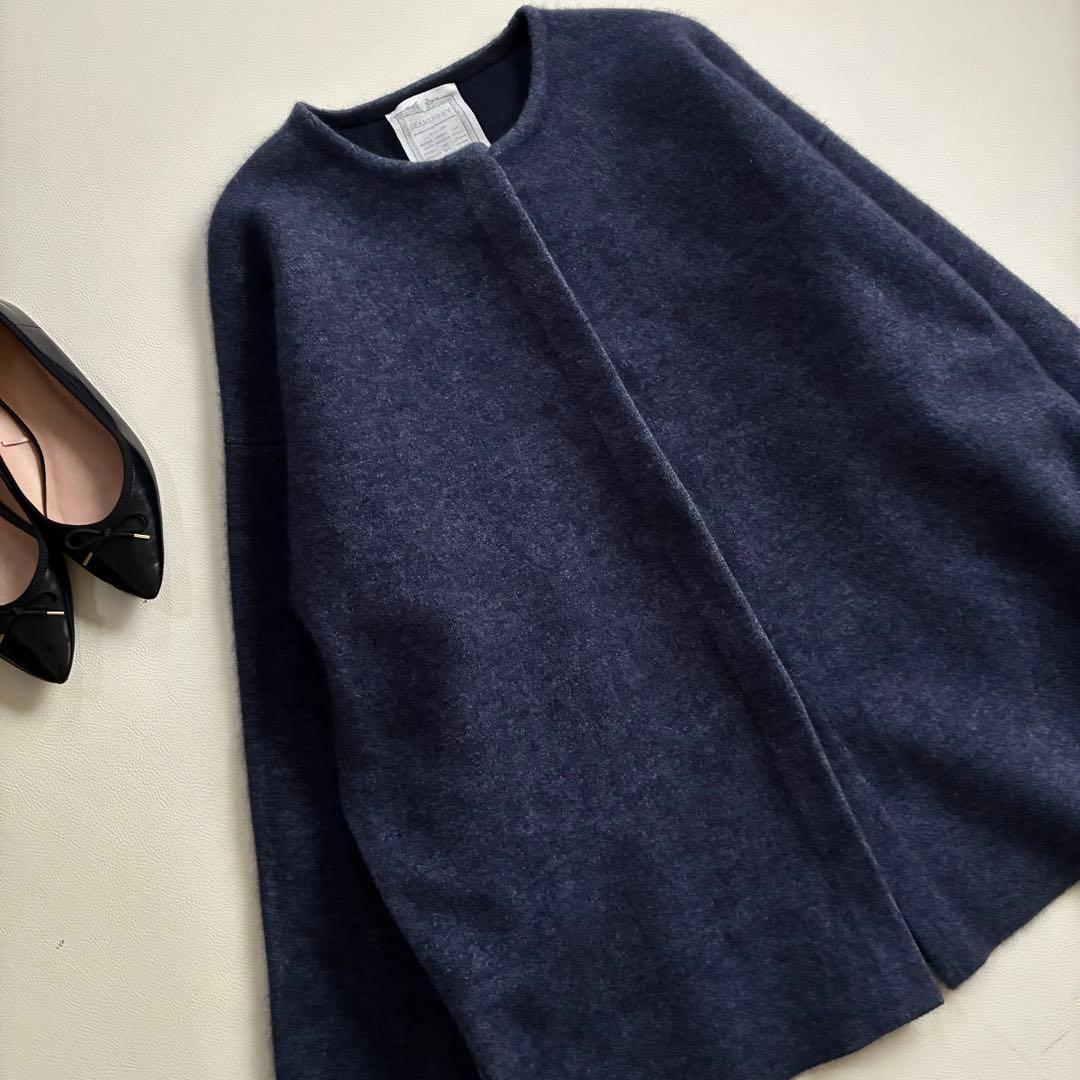 ◆未使用級◆ビアズリー◆洗えるノーカラーウールニットコート◆ネイビー◆ラクーン