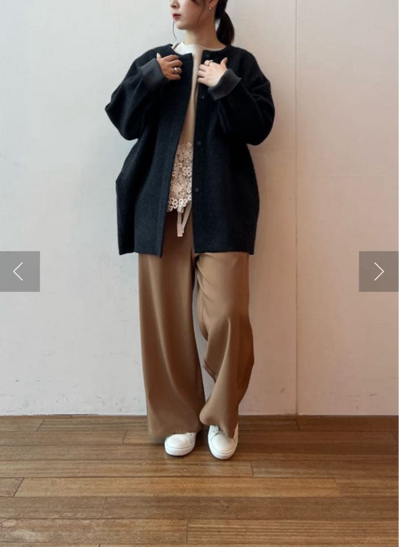 ◆未使用級◆ビアズリー◆洗えるノーカラーウールニットコート◆ネイビー◆ラクーン