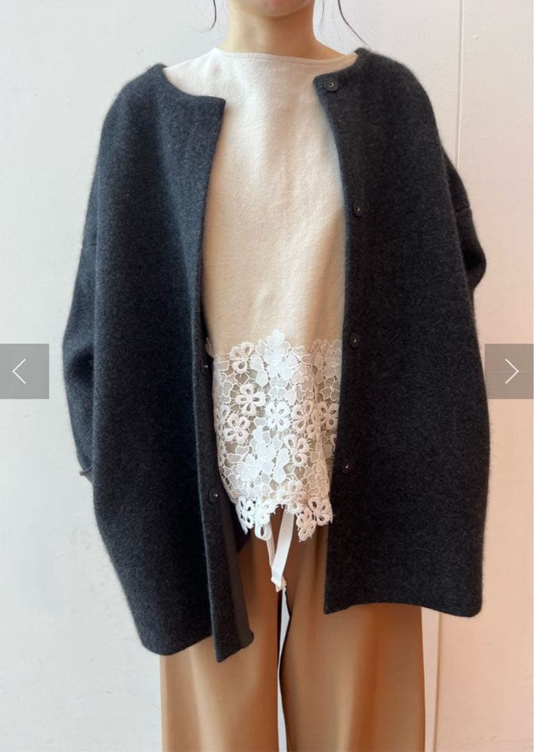 ◆未使用級◆ビアズリー◆洗えるノーカラーウールニットコート◆ネイビー◆ラクーン