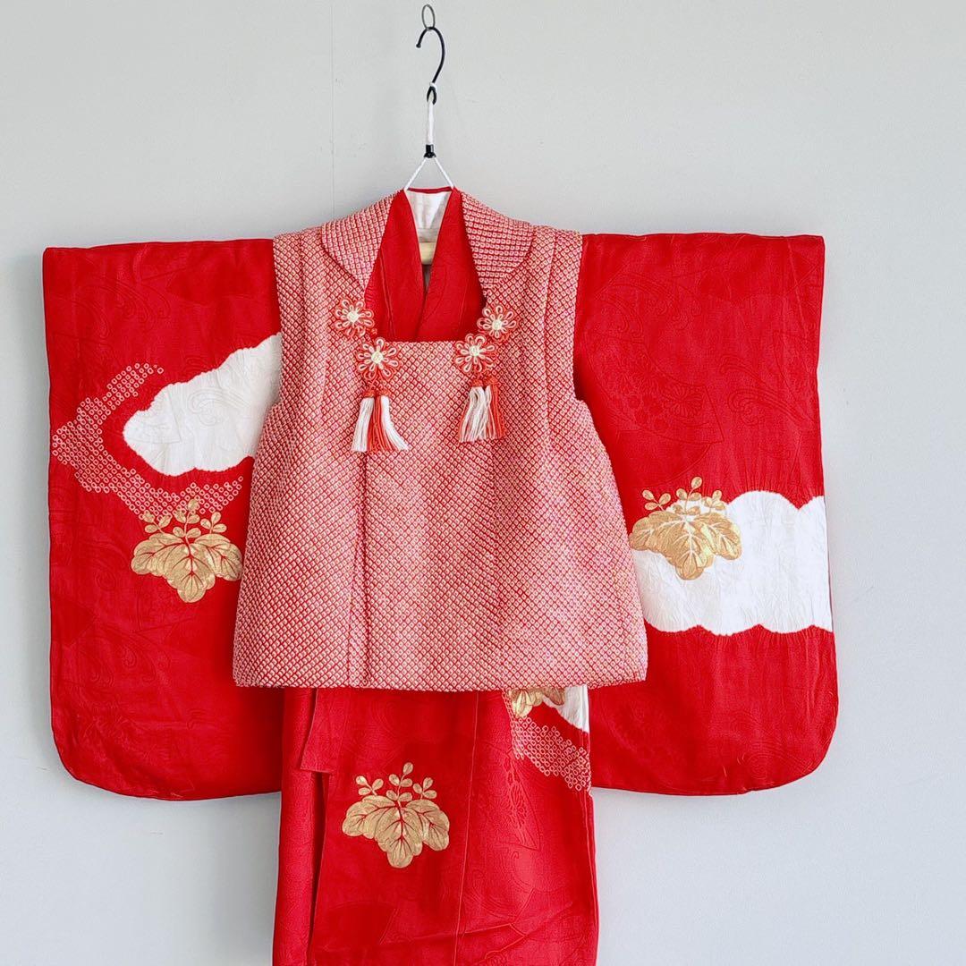 フルセット　七五三３歳女の子　きもの　しぼり被布　赤金刺繍　産着リメイク7046