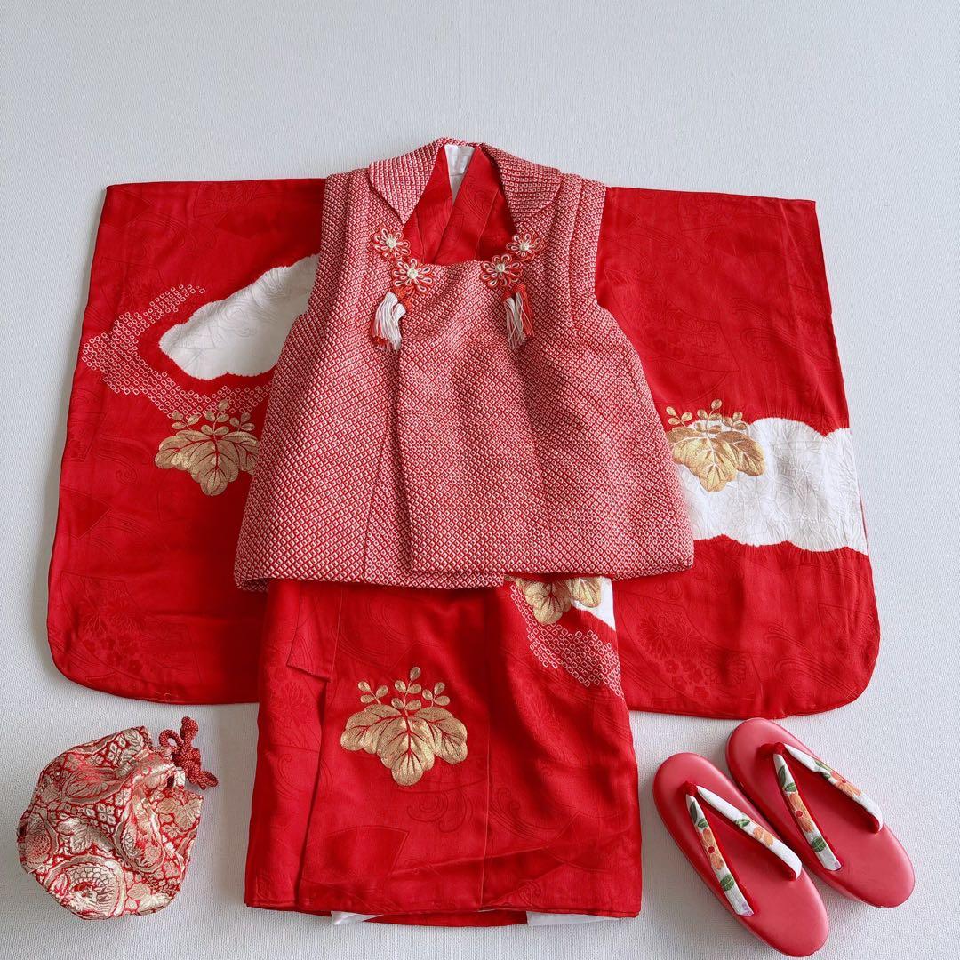 フルセット　七五三３歳女の子　きもの　しぼり被布　赤金刺繍　産着リメイク7046