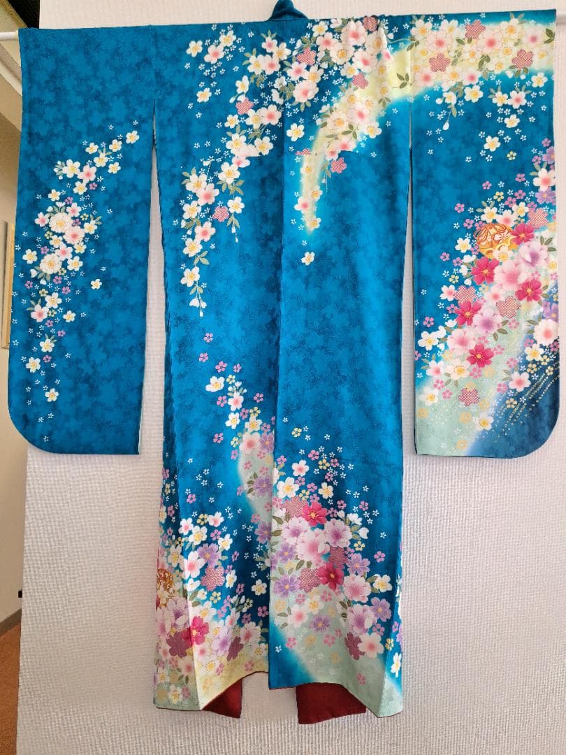 【値下げ】正絹 振袖セット 着物 京都きもの友禅 成人式 ターコイズブルー