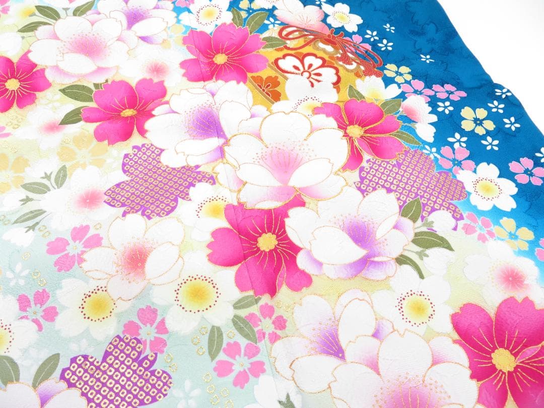 【値下げ】正絹 振袖セット 着物 京都きもの友禅 成人式 ターコイズブルー