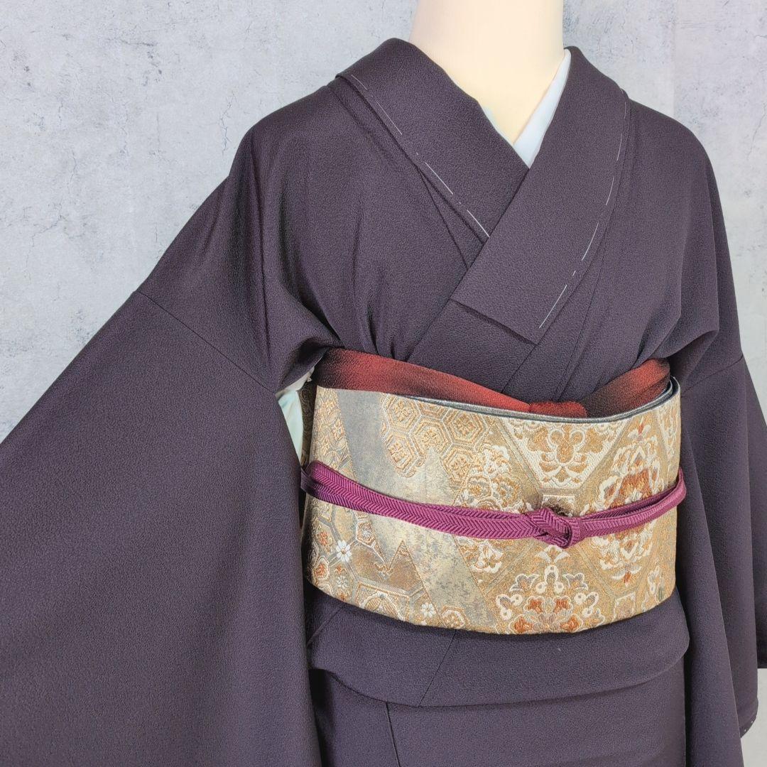 色無地　着物　フルセット　正絹　暗紫　落款　しつけ糸　祝い事　シンプル　粋　F4