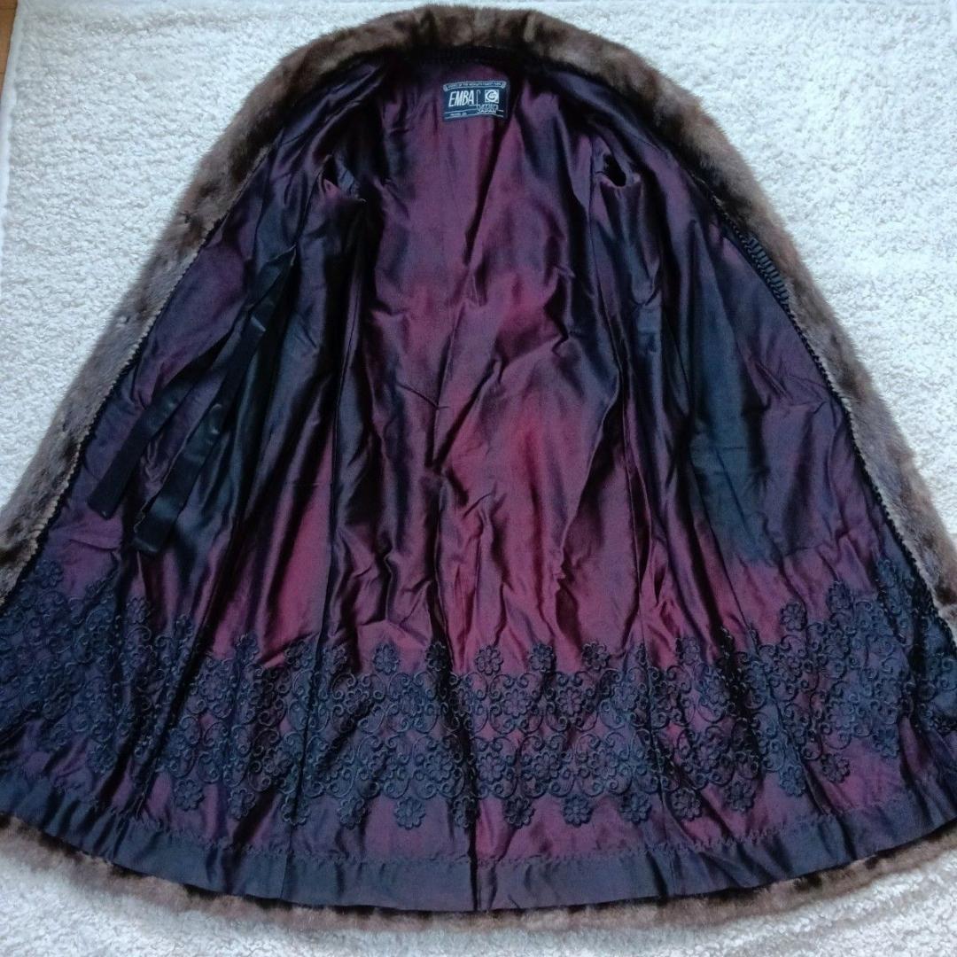 【着丈108】日本EMBA　エンバ　ブルーアイリスミンク毛皮コート　刺繍入り