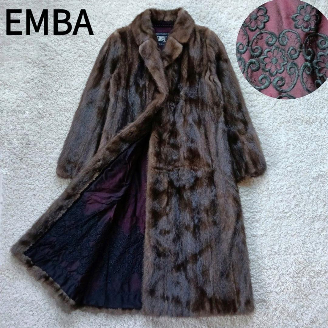 【着丈108】日本EMBA　エンバ　ブルーアイリスミンク毛皮コート　刺繍入り