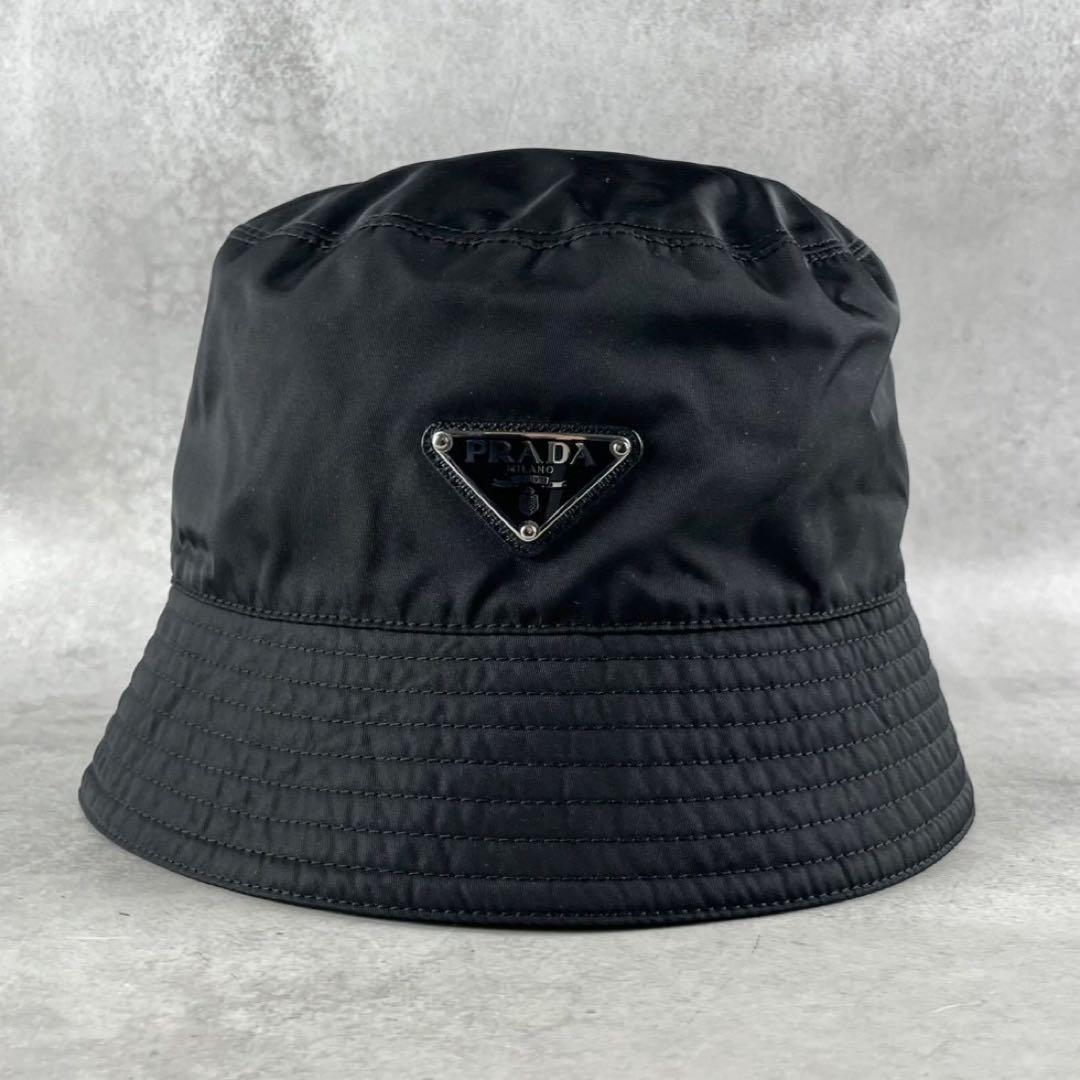 【極美品】PRADA 三角 トライアングル ロゴ バケットハット ブラック L