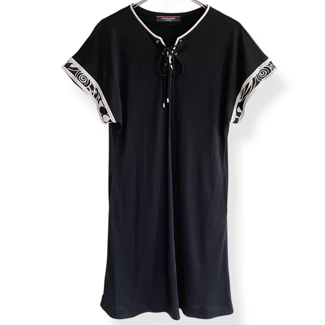 レオナール LEONARD チュニック ひざ丈ワンピース カンカン素材 ブラック
