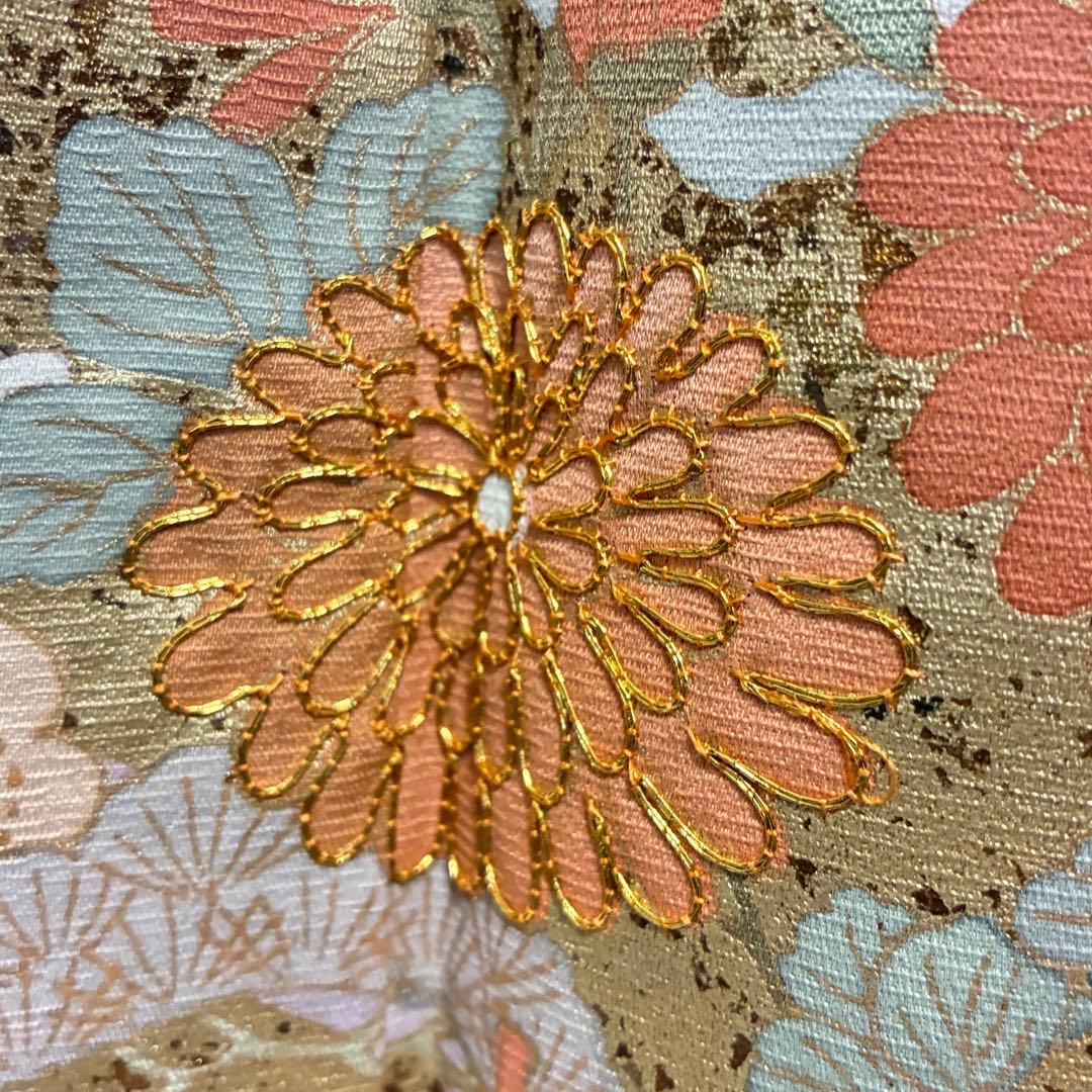 D104 訪問着 花模様 緑 金駒刺繍 正絹 着物 袷 極美品