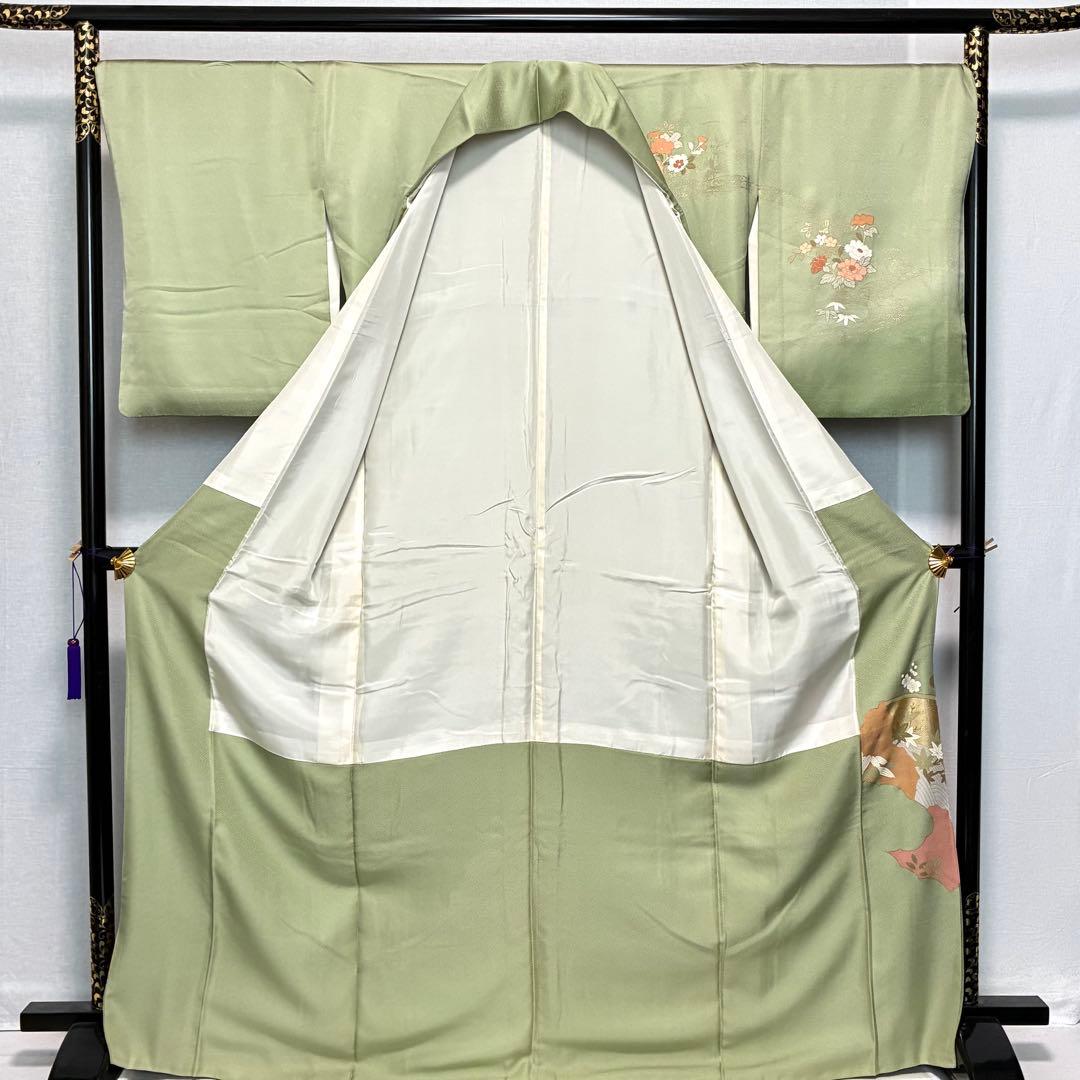 D104 訪問着 花模様 緑 金駒刺繍 正絹 着物 袷 極美品