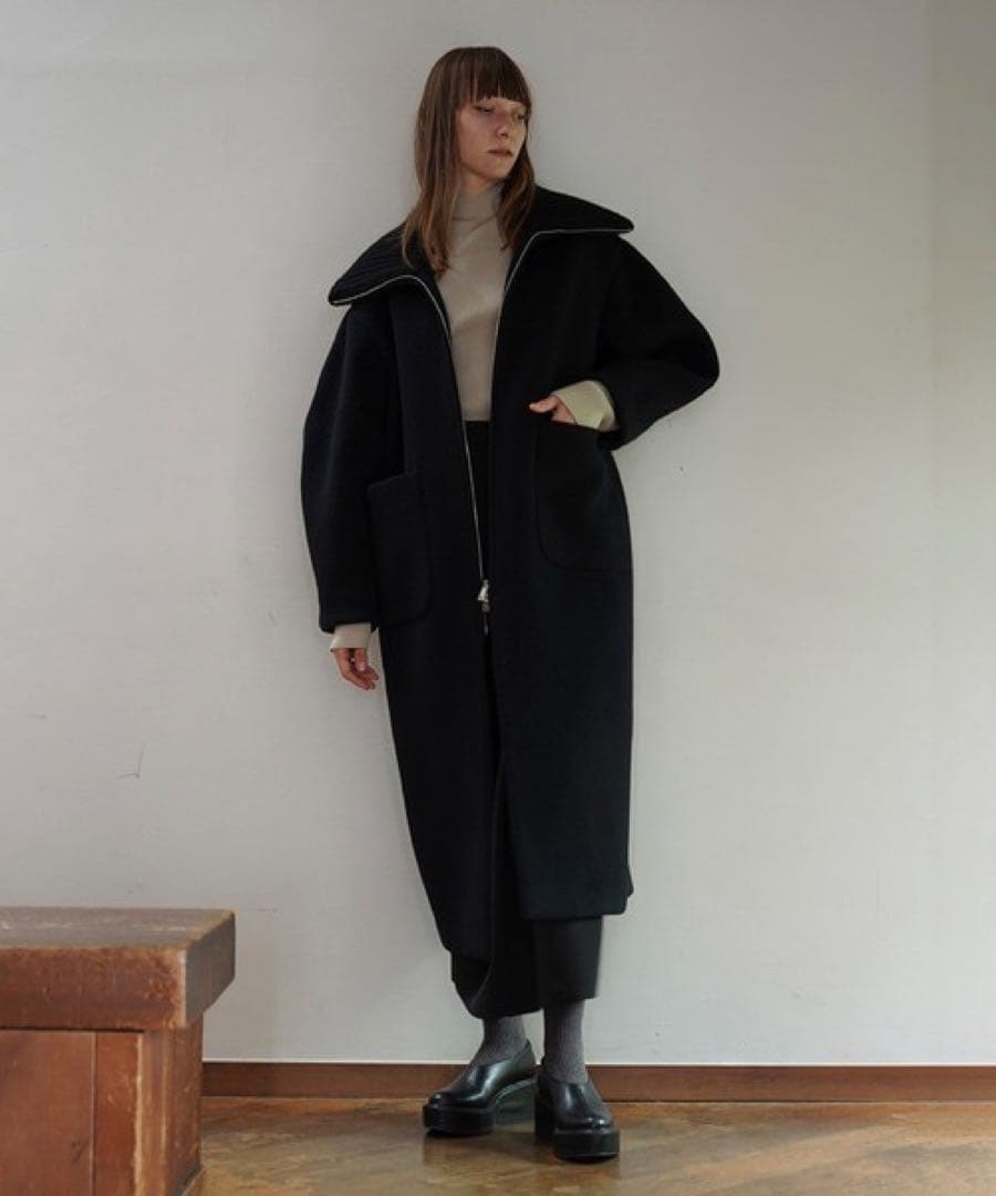 M*e様 CLANE ブラック クラネ　リブカラーウールロングコート