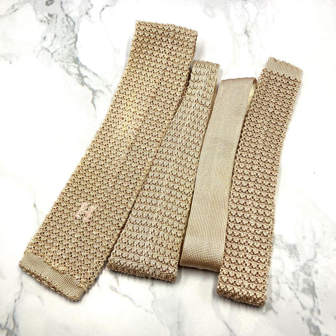 ◆美品◆HERMES ネクタイ ベージュ 編み柄 高級感 ロゴ入り