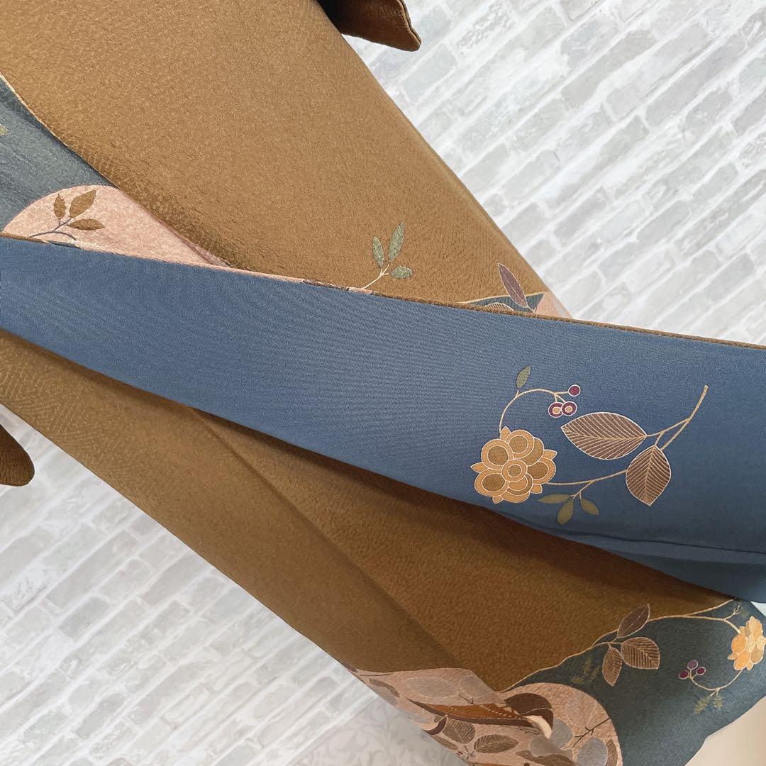 訪問着　フルセット　鳥　猫　鼠　旬　落款　可愛らしい　金駒刺繍　Q4