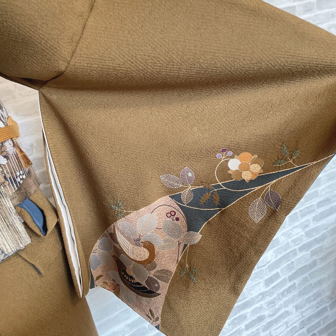 訪問着　フルセット　鳥　猫　鼠　旬　落款　可愛らしい　金駒刺繍　Q4