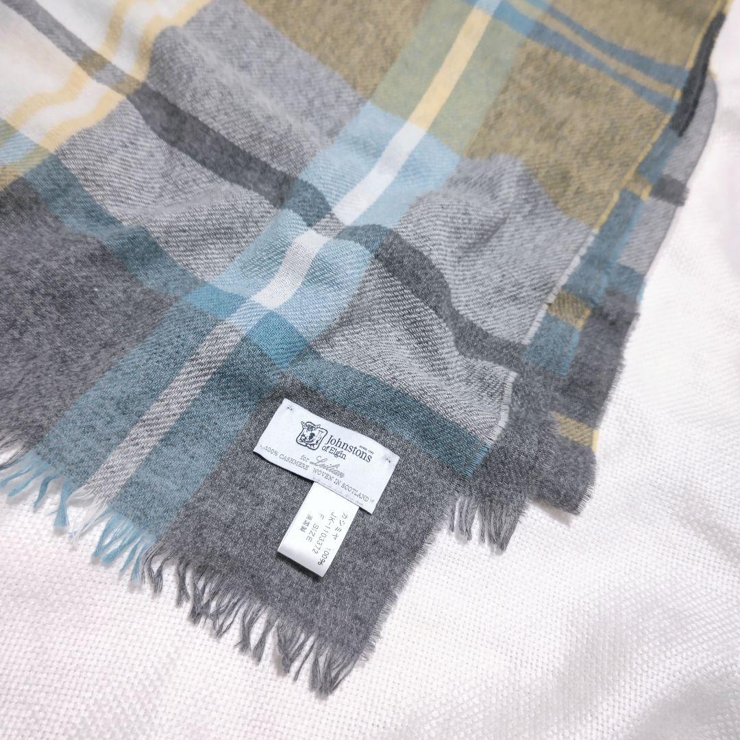 レリアンJOHNSTONSジョンストンズ100%カシミヤ小判チェックストール青黄