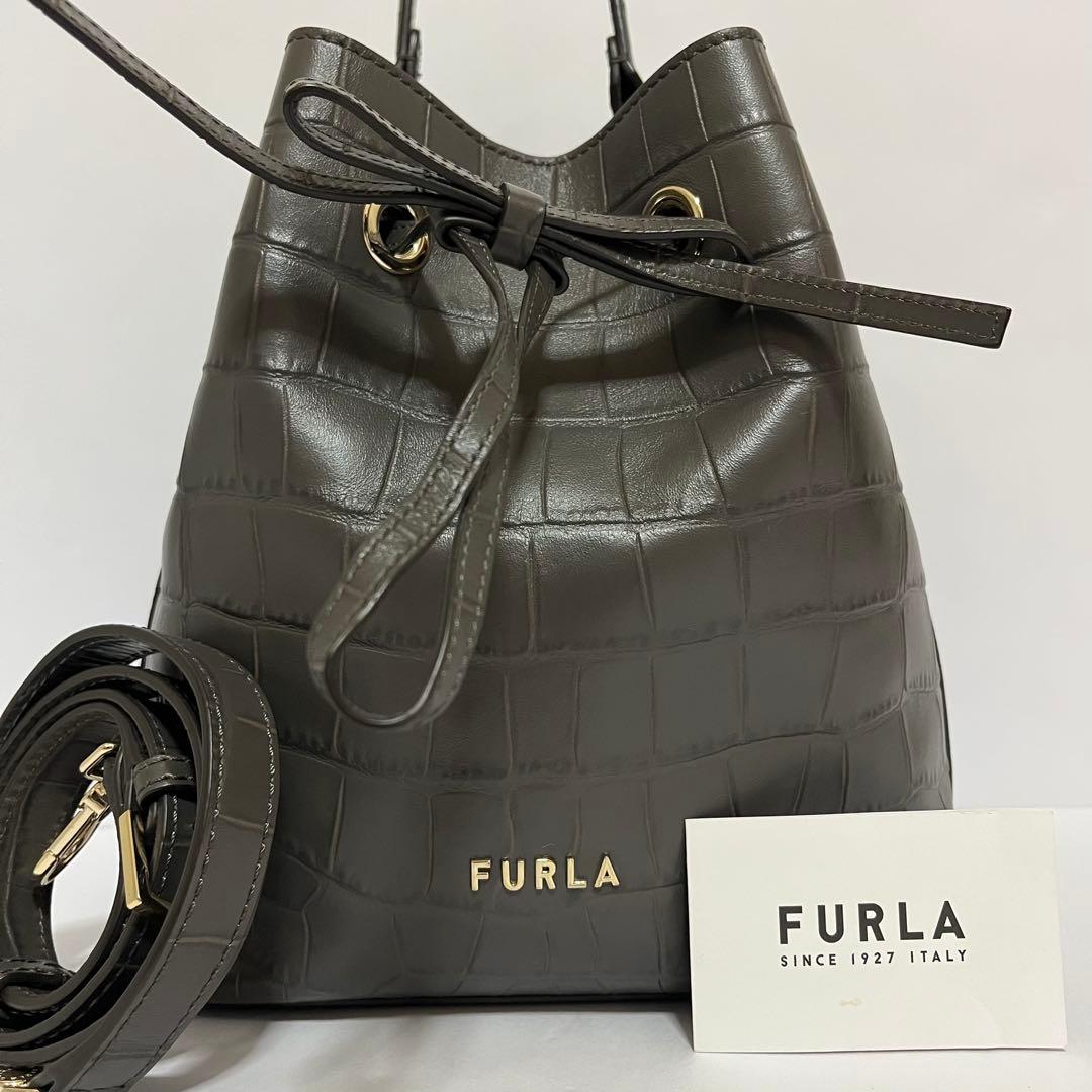 極美品✨現行ロゴ✨フルラ　コスタンザ　2way ショルダーバッグ　クロコ　黒色