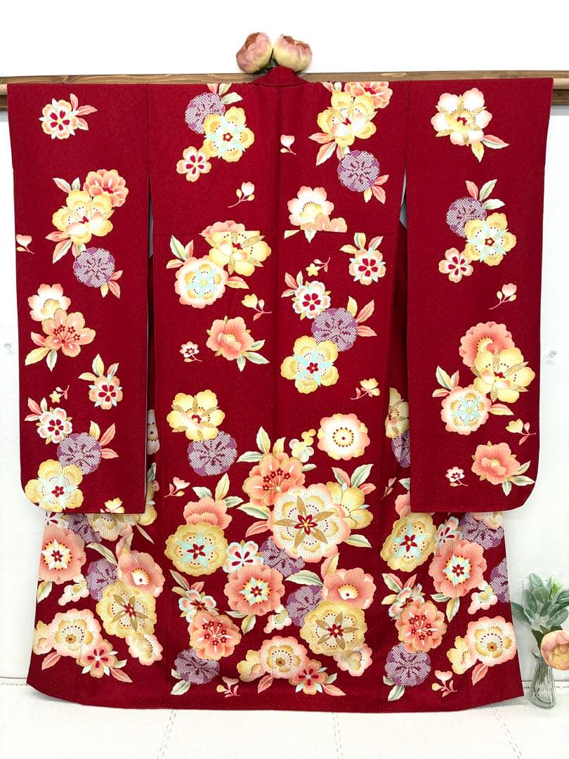 成人式　振袖フルセット　1137 真紅花柄　　正絹　振袖　格安！