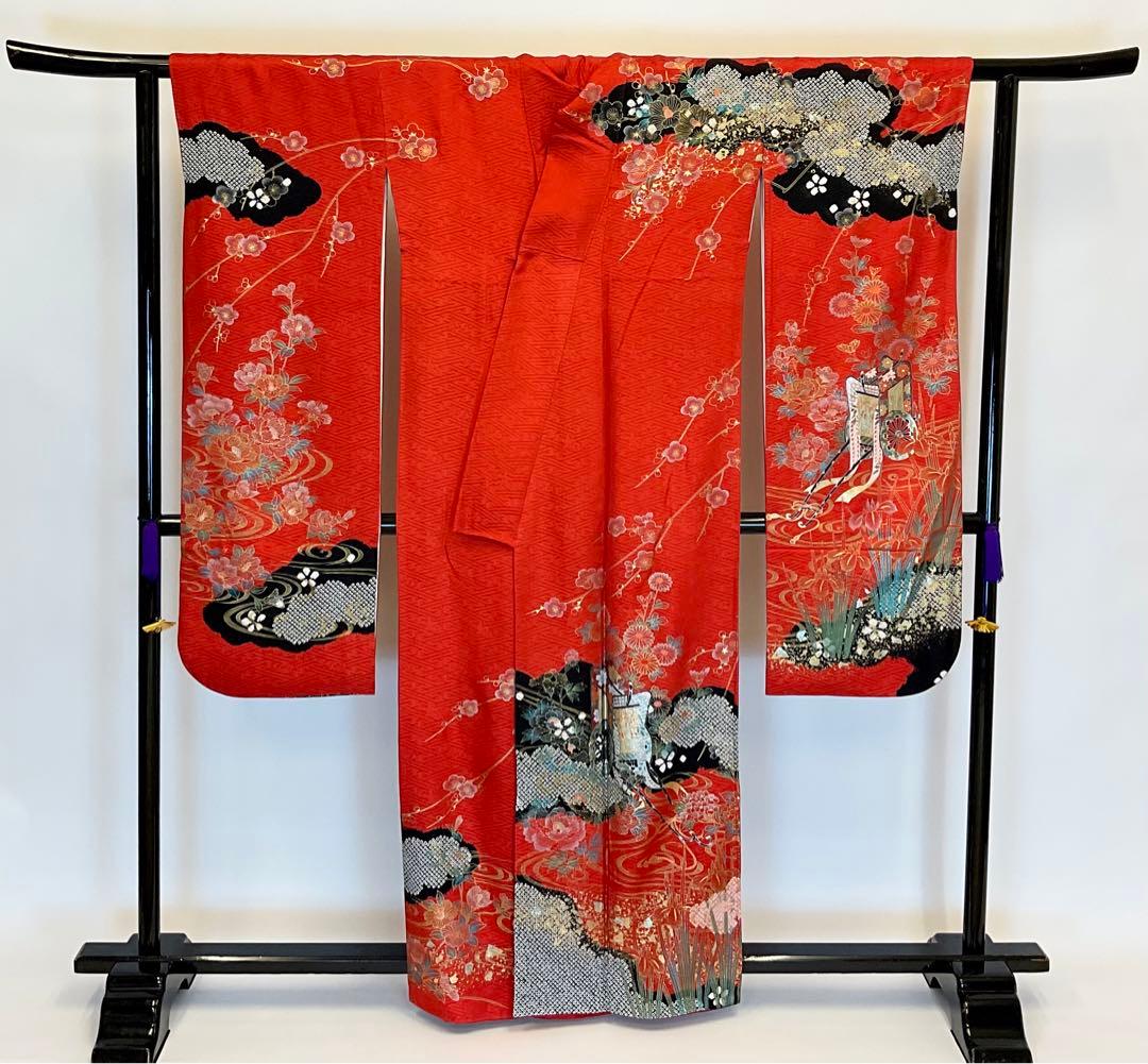 ヴィンテージ☆ママ振り朱赤紗綾形文様金彩御所車絞り模様振り袖フルセット