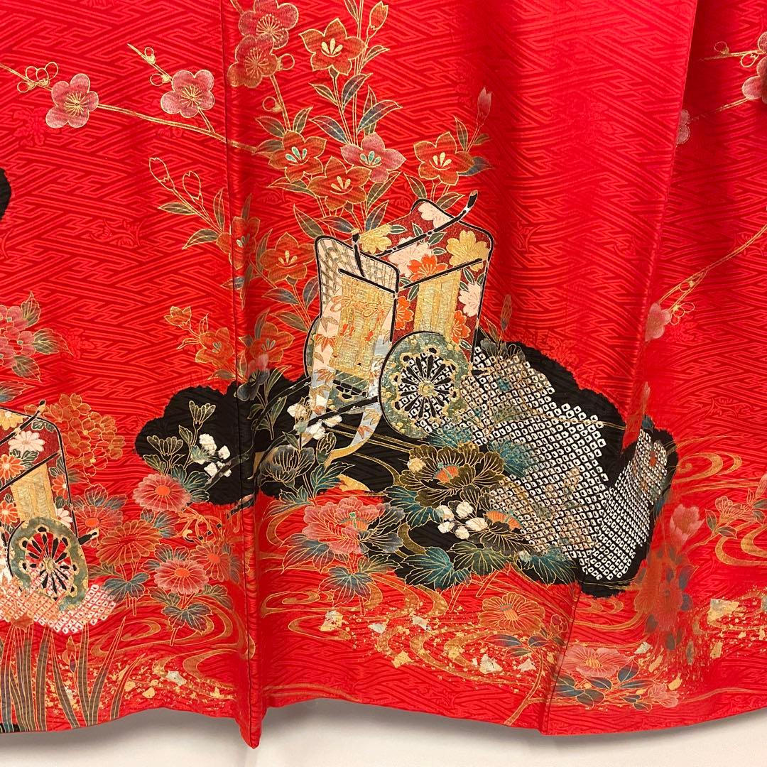 ヴィンテージ☆ママ振り朱赤紗綾形文様金彩御所車絞り模様振り袖フルセット