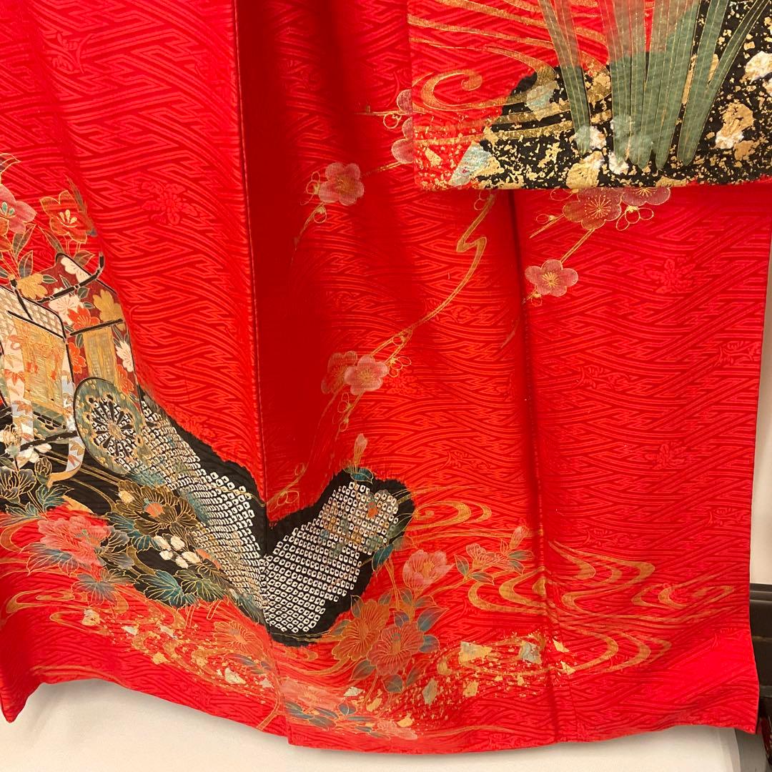 ヴィンテージ☆ママ振り朱赤紗綾形文様金彩御所車絞り模様振り袖フルセット