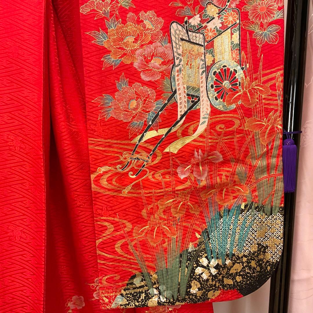 ヴィンテージ☆ママ振り朱赤紗綾形文様金彩御所車絞り模様振り袖フルセット