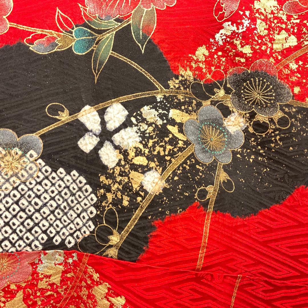 ヴィンテージ☆ママ振り朱赤紗綾形文様金彩御所車絞り模様振り袖フルセット