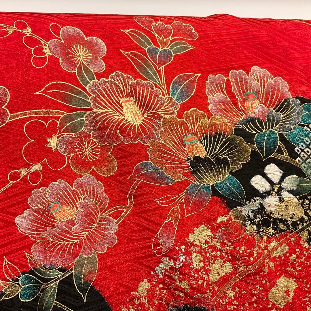 ヴィンテージ☆ママ振り朱赤紗綾形文様金彩御所車絞り模様振り袖フルセット