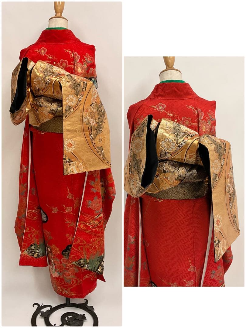 ヴィンテージ☆ママ振り朱赤紗綾形文様金彩御所車絞り模様振り袖フルセット