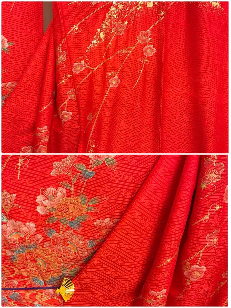 ヴィンテージ☆ママ振り朱赤紗綾形文様金彩御所車絞り模様振り袖フルセット