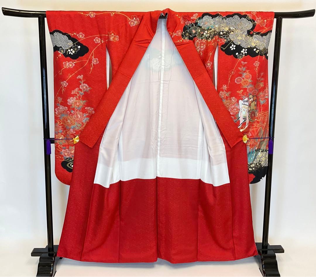 ヴィンテージ☆ママ振り朱赤紗綾形文様金彩御所車絞り模様振り袖フルセット