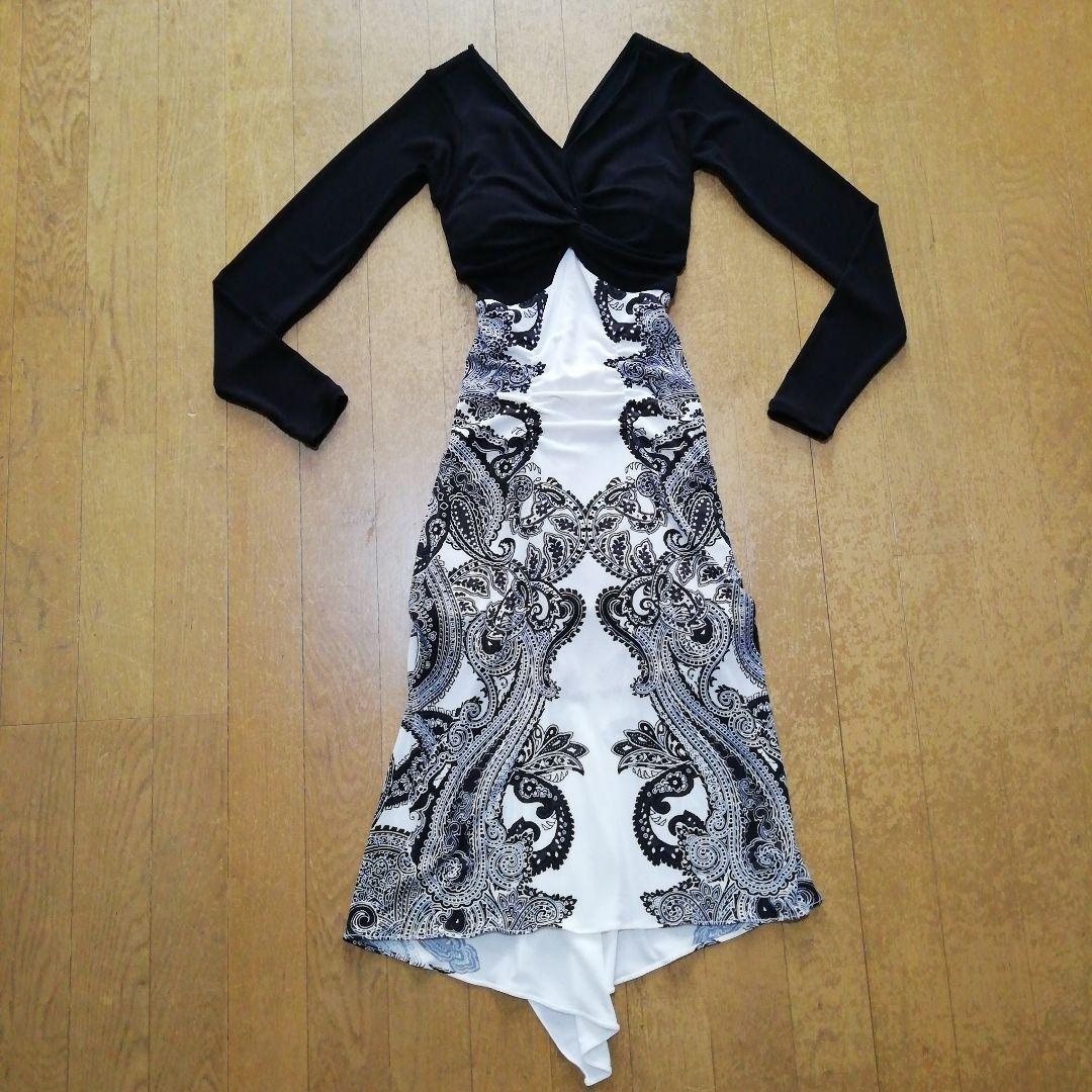 【社交ダンス】Chacottチャコット　白黒ペイズリー柄ワンピース　サイズS