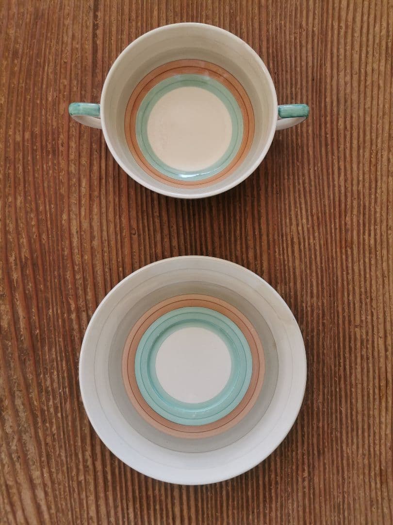 アンティーク スージークーパー スープカップ２客 ウェディングリング ピンク＆緑
