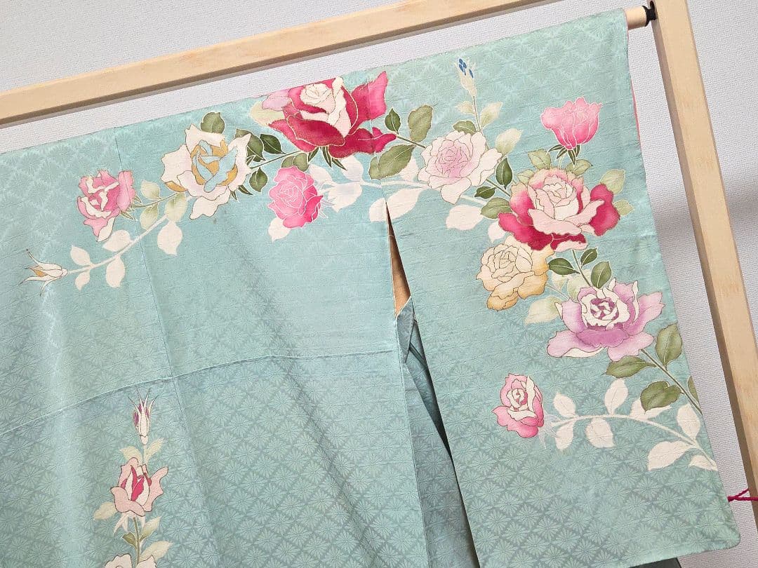 A◆着物くつろぎ セミアンティーク 薔薇 金彩 金駒刺繍 水色 袷 訪問着 着物
