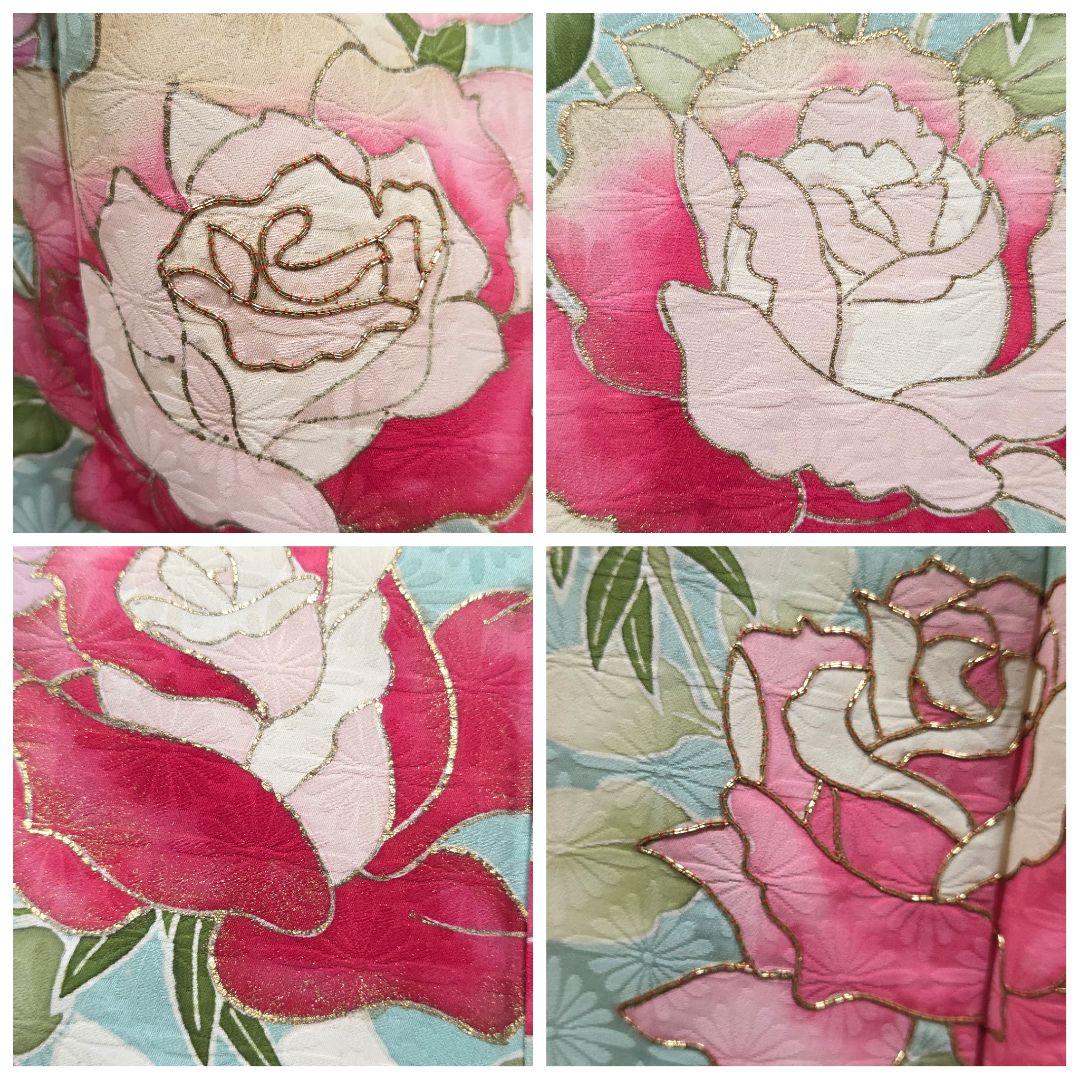 A◆着物くつろぎ セミアンティーク 薔薇 金彩 金駒刺繍 水色 袷 訪問着 着物