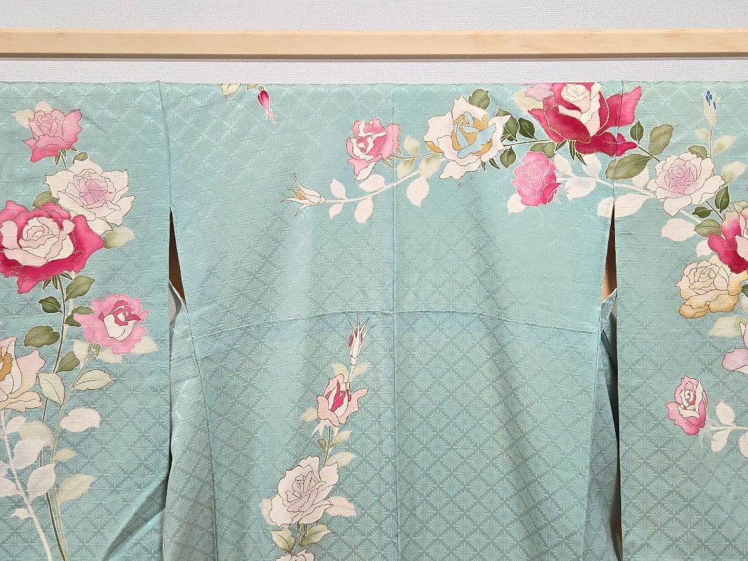 A◆着物くつろぎ セミアンティーク 薔薇 金彩 金駒刺繍 水色 袷 訪問着 着物
