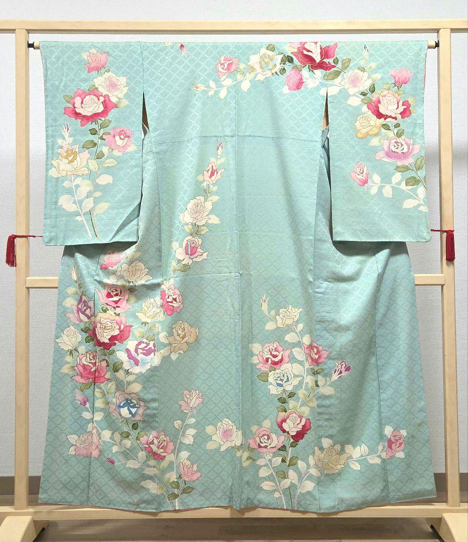 A◆着物くつろぎ セミアンティーク 薔薇 金彩 金駒刺繍 水色 袷 訪問着 着物