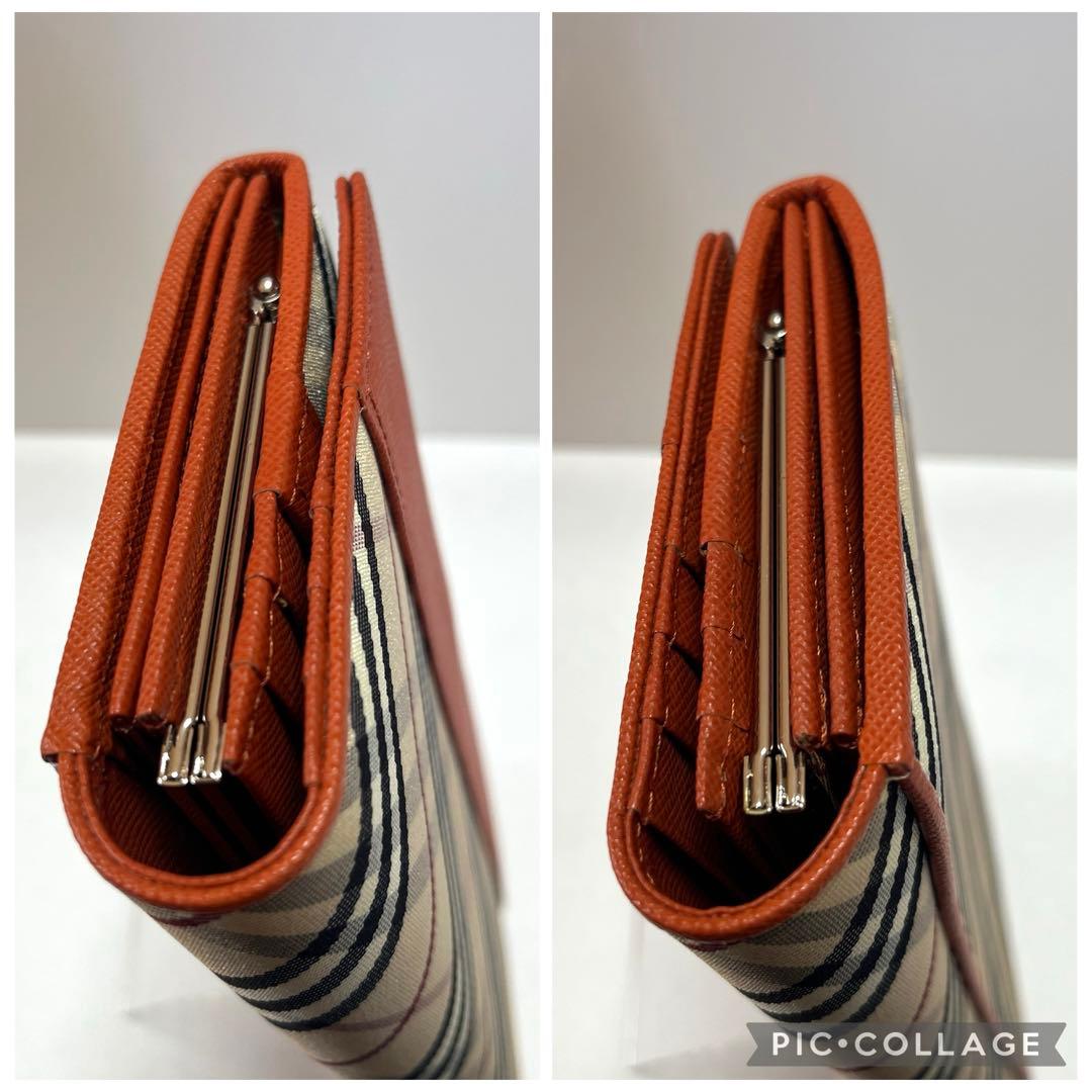 【希少色美品】バーバリー　二つ折り　がま口　チェック柄 長財布　オレンジ