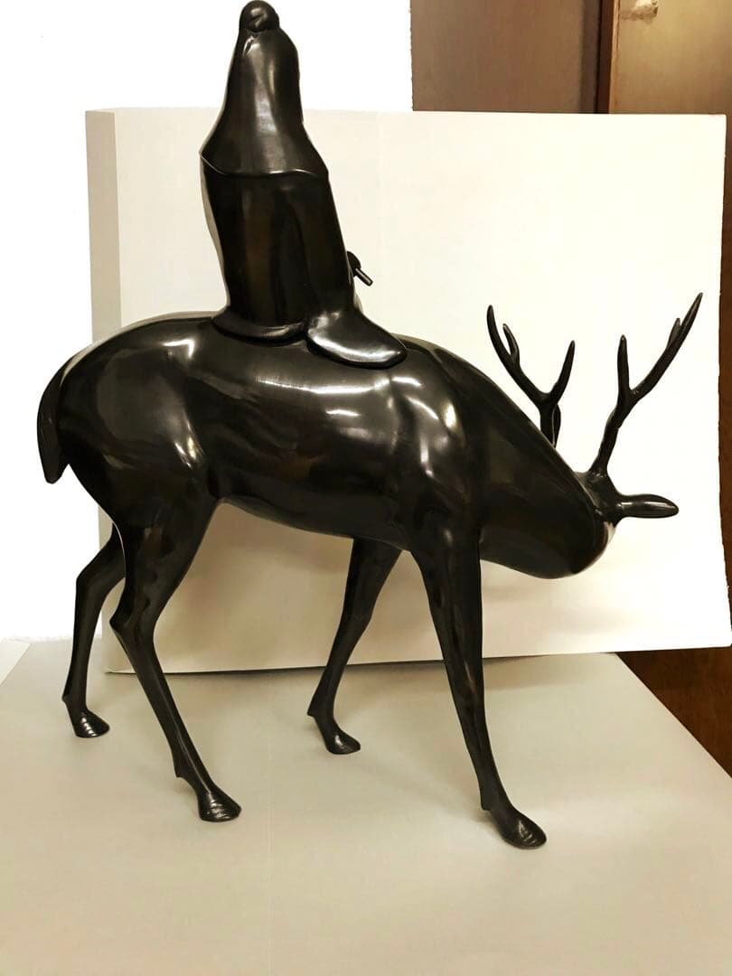 銅器:鹿乗寿老人置物