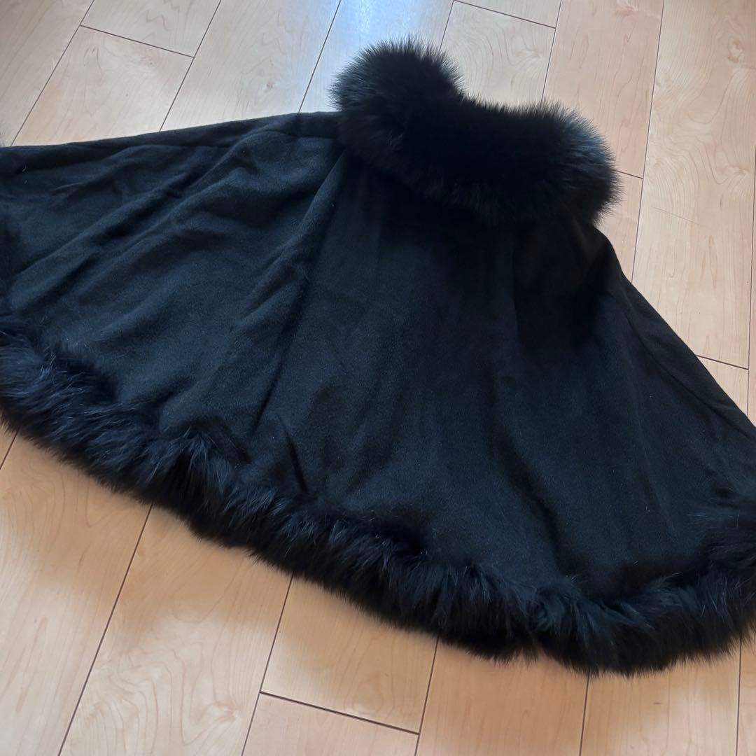 美品 カシミヤ100% フォックスファー ポンチョ ブラック
